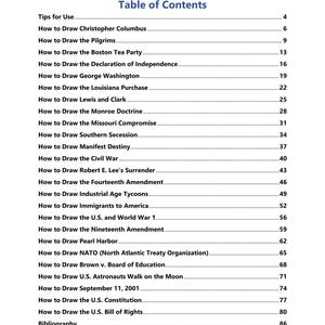 May include: A white page titled Table of Contents with black text listing drawing tutorials for historical events and figures including Christopher Columbus, the Pilgrims, the Boston Tea Party, the Civil War, and the U.S. Constitution with page numbers.
