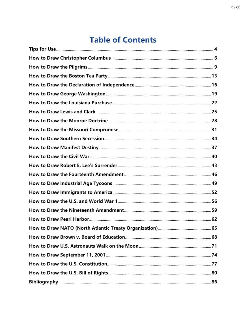 May include: A white page titled Table of Contents with black text listing drawing tutorials for historical events and figures including Christopher Columbus, the Pilgrims, the Boston Tea Party, the Civil War, and the U.S. Constitution with page numbers.
