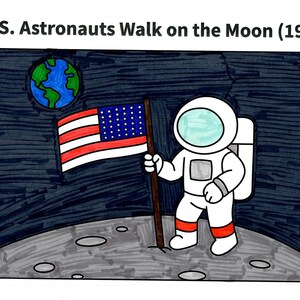 May include: A cartoon illustration titled U.S. Astronauts Walk on the Moon (1969) showing an astronaut in a white suit holding an American flag on the moon surface. The background is dark with a blue and green Earth visible in the upper left corner.