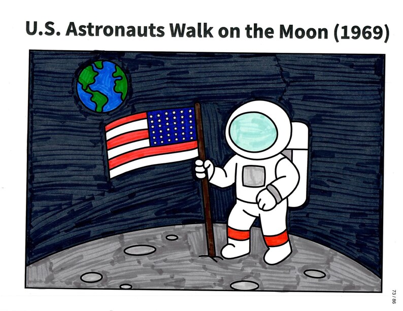 May include: A cartoon illustration titled U.S. Astronauts Walk on the Moon (1969) showing an astronaut in a white suit holding an American flag on the moon surface. The background is dark with a blue and green Earth visible in the upper left corner.
