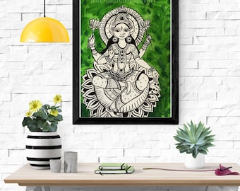 Impressão de pintura original de Kalamkari Lakshmi, arte do sul da Índia, arte popular indiana