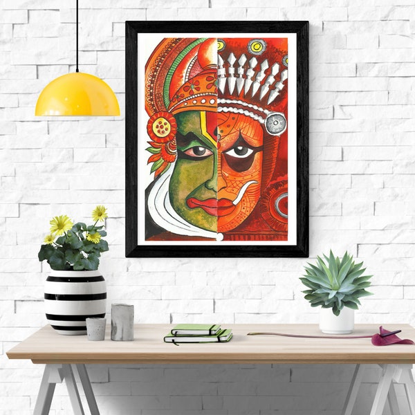Half kathakali thayyam hand mural painting on black cotton shirt