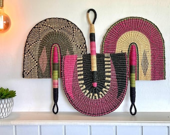 Abanicos Bolga / Auténtico tejido ghanés / Decoración de pared / Juego de 3 / Impuestos pagados en EE. UU.
