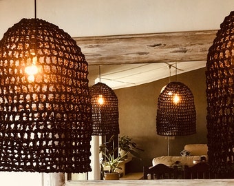 Palm Net Black Woven Pendant Light Shade Black, Hanging Light Shade, handwoven with ilala palm. Coastal pendant light shade