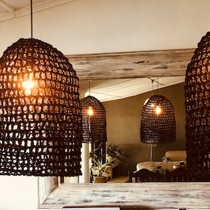 Black Palm Net Woven Basket Pendant Light | Rattan Hanging Lamp | Wicker Bohemian Lighting | Coastal Light Fixture | Rattan Chandelier
