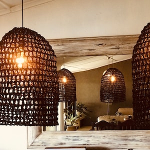 Palm Net Black Woven Pendant Light Shade Black, Hanging Light Shade, handwoven with ilala palm. Coastal pendant light shade