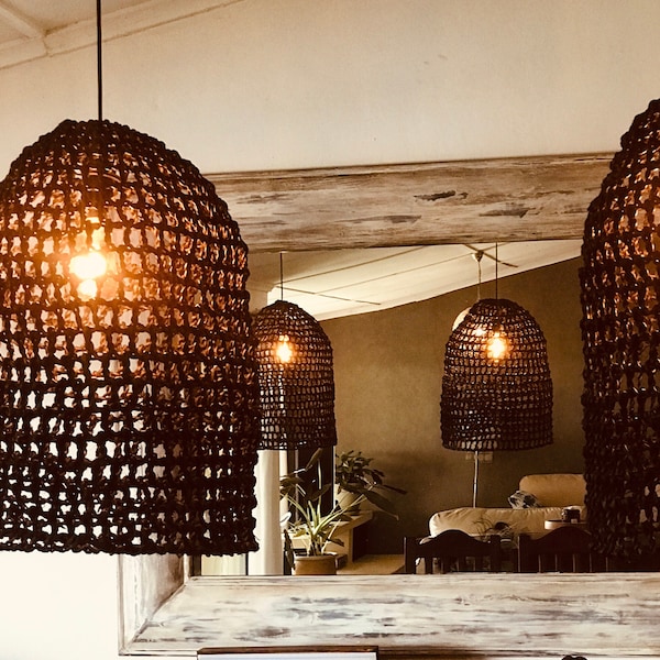 Palm Net Black Woven Pendant Light Shade Black, Hanging Light Shade, handwoven with ilala palm. Coastal pendant light shade