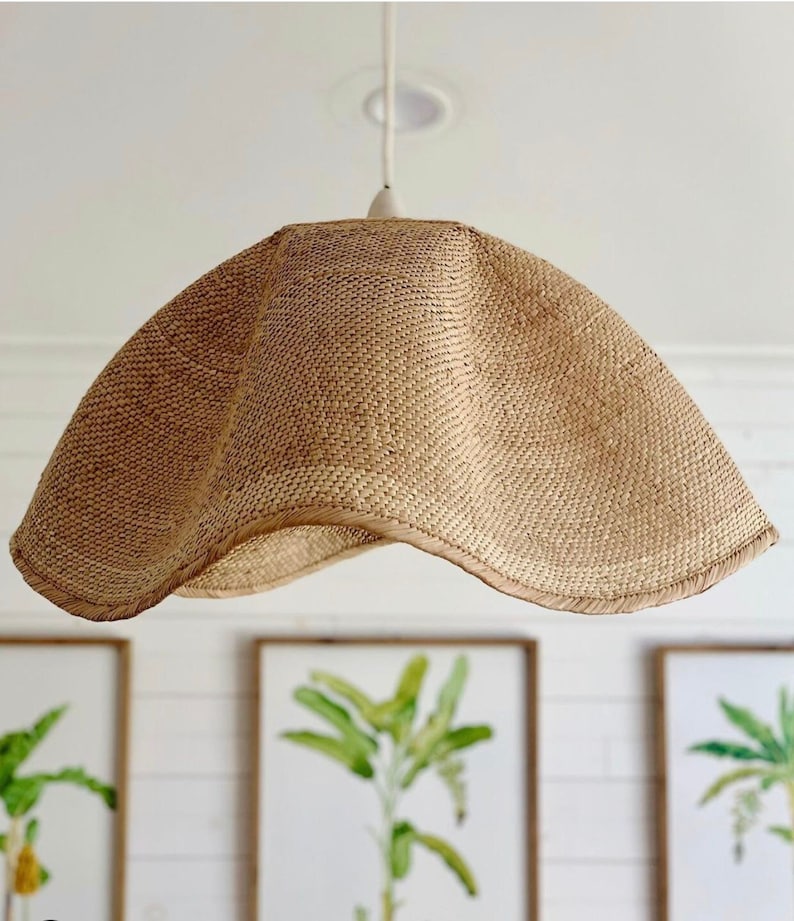 Woven Pendant Light Shade, hanging dancing basket lightshade, handwoven with ilala palm. Coastal pendant light shade image 1