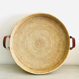 Large Woven Coffee Table Tray | 60cm or 45cm Leather Handles | Handwoven Rattan Serving Tray | Food Display | Ottoman Sideboard Display