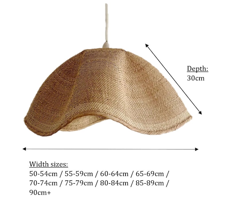 May include: A natural woven pendant light with a curved, asymmetrical shape. The light is 30 inches deep and has a width range of 20 to 36 inches.