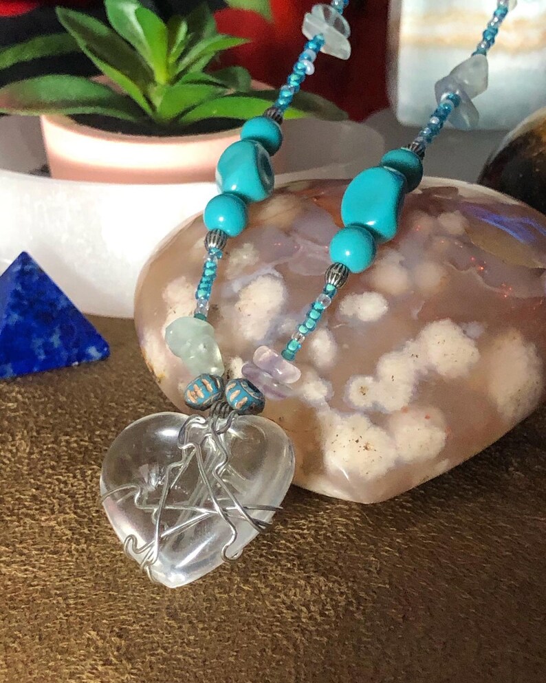 Clear Quartz Heart w Sea Glass