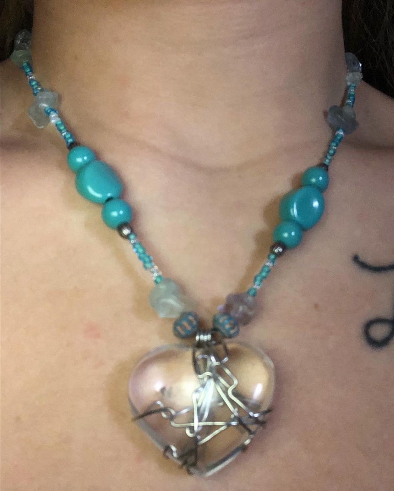Clear Quartz Heart w Sea Glass