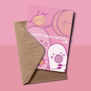 Stampabile Biglietto Halloween - Kawaii Boo - Download istantaneo divertente biglietto zucca fantasmi candy rosa
