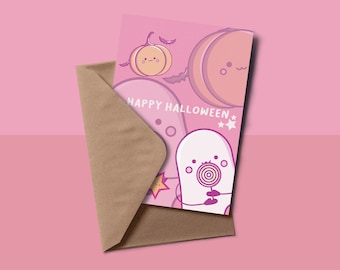 A6 and A5 Printable Kawaii Halloween Greeting Card - Happy Halloween - Instant Download pumpkin ghost funny boo candy pink