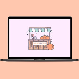 Può includere: Un'illustrazione digitale di un chiosco di caffè a tema autunnale con una struttura in legno, un tendone verde e bianco e un cartello che recita "Pumpkins and Coffee". Ci sono tre zucche con facce sul bancone e una singola zucca con una faccia a terra davanti al chiosco.