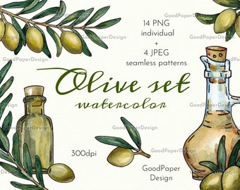 Watercolor Olive Clipart Wreath Clipart Olive Oil Branch Green Leaf, wedding invitation, greenery, vegetarian Hand-painted Seamless pattern