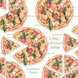 Pizza Watercolor. Pizza cut into pieces. Pieces of pizza. Pizza print, Food poster, Kitchen art, Watercolor painting, Pizza illustration.