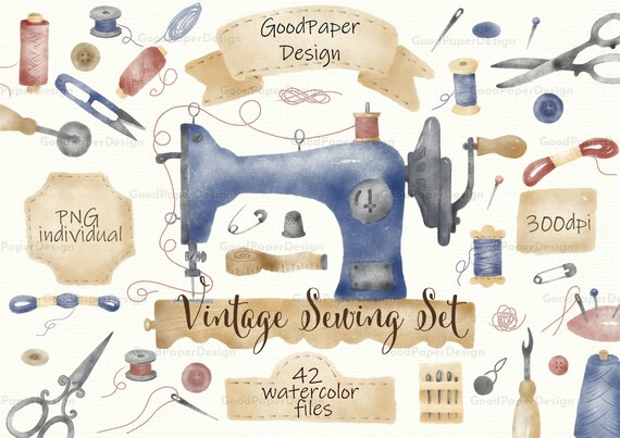 Watercolor Vintage Sewing Kit Clip Art. Branding Kit, Sewing Machine,  Needle, Stitching, Scissors DIY Clipart. 