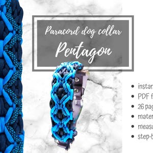 May include: A blue and black paracord dog collar with a Pentagon design. The image includes the text "Paracord dog collar Pentagon". The collar is made of woven cord and has a metal buckle. The image also lists "instant download", "PDF file", "26 pages", "material", "measurements", and "step-by-step tutorial".