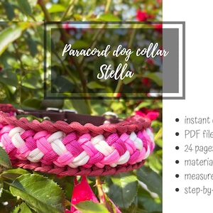 Könnte beinhalten: Geflochtenes Paracord-Halsband für Hunde in Rosa und Weiß, mit einer braunen Lederschnalle. Der Text "Paracord dog collar Stella" wird in einem rechteckigen Rahmen angezeigt. Der Hintergrund zeigt grüne Blätter und rote Blüten.