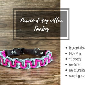 Peut inclure: Un collier pour chien avec une base en cuir marron et un motif en paracorde tressée rose, grise et blanche. Le texte "Paracord dog collar Snakes" est affiché au-dessus du collier.