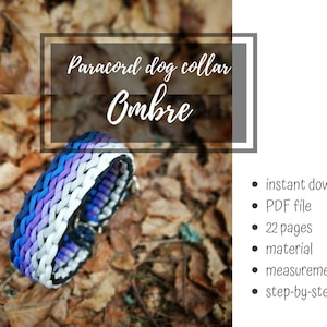 Puede incluir: Un collar para perro de paracord ombre azul, morado y blanco. El collar está hecho de cordón tejido y tiene una hebilla negra. El texto "Paracord dog collar Ombre" se muestra en un marco.
