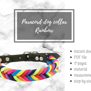 May include: A rainbow paracord dog collar with a black leather base and silver-tone hardware. The text "Paracord dog collar Rainbow" is displayed above the collar. The collar is a braided design with vibrant colours.