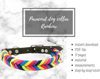 Puede incluir: Un collar para perros de paracord arcoíris con base de cuero negro y herrajes plateados. El texto "Paracord dog collar Rainbow" se muestra encima del collar. El collar tiene un diseño trenzado con colores vibrantes.