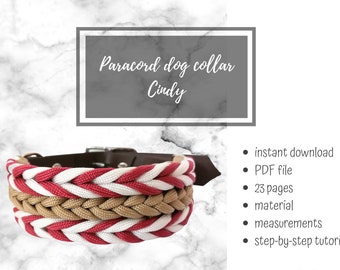 Puede incluir: Un tutorial de collar para perro de paracord en colores rojo, blanco y marrón. El tutorial incluye 23 páginas con instrucciones paso a paso, medidas de materiales y un archivo PDF de descarga instantánea.