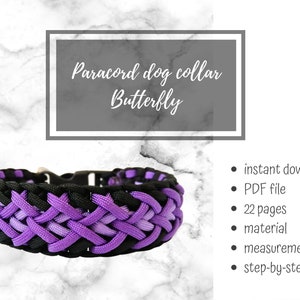 Op de afbeelding: Een paars-zwarte paracord hondenhalsband met een vlinderontwerp. De halsband is gemaakt met een geweven patroon en heeft een zwarte gesp. De afbeelding bevat de tekst "Paracord dog collar Butterfly" en een lijst met functies: direct downloaden, PDF-bestand, 22 pagina's, materiaal, afmetingen en stapsgewijze handleiding.