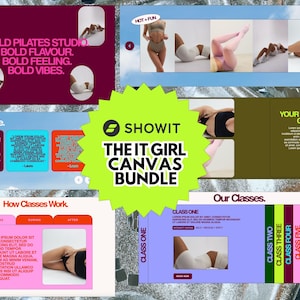 Könnte beinhalten: Ein digitales Website-Vorlagenpaket mit dem Titel Showit The It Girl Canvas Bundle, das mehrere Layout-Designs, farbige Textblöcke, Platzhaltertext und verschiedene Bilder von Sportbekleidung in einem rasterartigen Format zeigt.