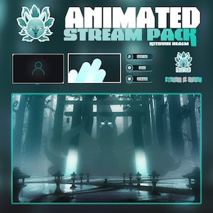 ANIMATED Kitsune Realm Stream Pack - 1 Artwork - 4 sentences - 10 badges - 18 panels - 1 transition - 8 alertbox - 2 cam - 1 chatbox..