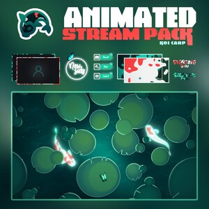 May include: Animated stream pack featuring a koi carp theme. The pack includes a webcam overlay, a starting soon screen, a new subscriber alert, and a chat box. The background depicts a pond with lily pads and two koi fish swimming.