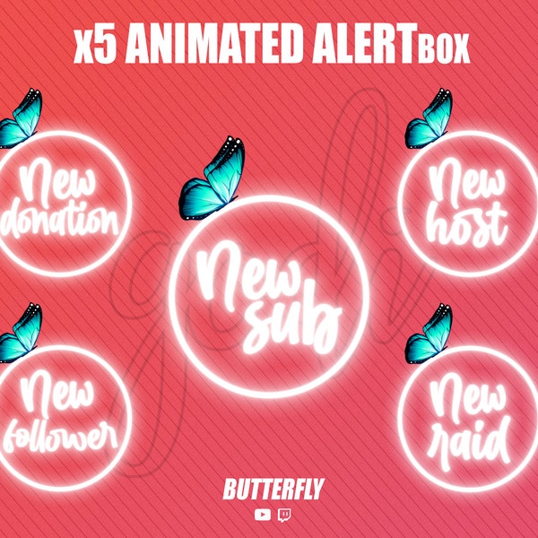 x5 ANIMATED Butterfly Alert Box [ Sub - Follower - Donation - Host - Raid ] with sound