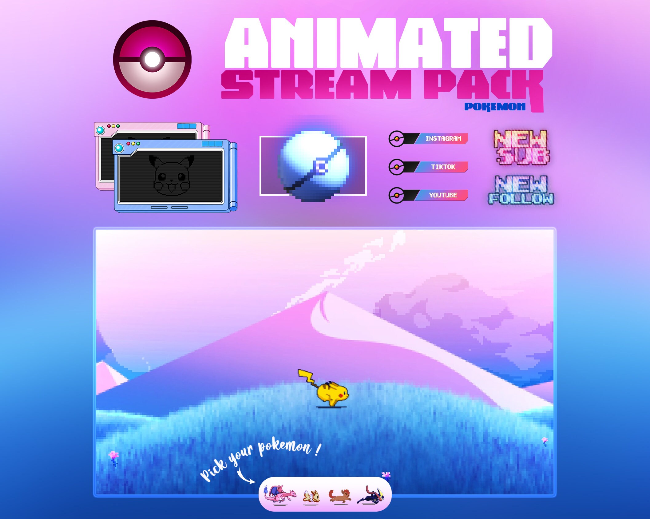 ANIMATED Pokemon Stream Pack - 1 Artwork - 1 Overlay - 6 Badges - 14 ...