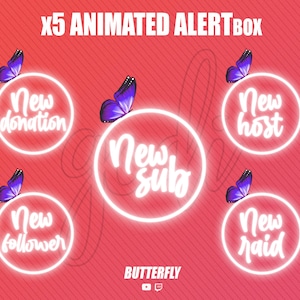 Könnte beinhalten: Fünf animierte Benachrichtigungsboxen mit einem Schmetterlingsdesign. Die Boxen sind weiß mit Neon-Umrandungen und sagen "Neue Spende", "Neuer Abo", "Neuer Host", "Neuer Follower" und "Neuer Raid".