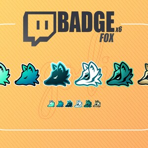 May include: A set of six Twitch channel badges featuring a fox head in various color schemes, including teal, blue, black, white, green, and gold. The badges are labeled "Badge x6 Fox".