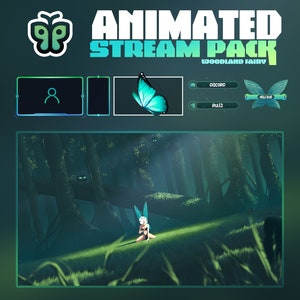 Peut inclure: Pack de diffusion animé sur le thème de la fée des bois. Le pack comprend un papillon bleu, une fée verte et bleue et une superposition d'ailes de papillon vertes et bleues. L'arrière-plan est une forêt vert foncé avec une lueur bleu clair.