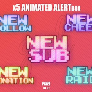 Könnte beinhalten: Fünf animierte Benachrichtigungsfelder mit pixeligem Text in verschiedenen Farben. Der Text lautet "Neuer Follower", "Neuer Cheer", "Neuer Sub", "Neue Spende" und "Neuer Raid".