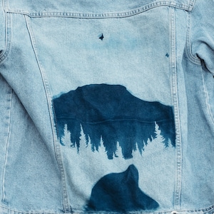 Mountain Scene Cyanotype Print Denim Jacket - Light Wash - Upcycled Sun Print Denim - Upcycled Thrift