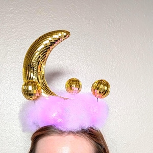 Gold Disco Moon LED Cloud Headpiece – Pink Light Up Festival Halo, Rave Outfit Accessory