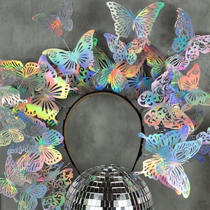 Holographic Butterfly Headpiece Fairy Cottagecore Headband Renaissance Faire Crown Surrealist Festival Crown image 1