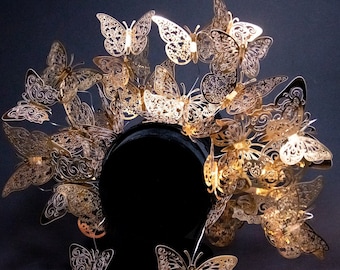 Custom Butterfly Headpiece - Gold  Quinceanera Crown - Derby Fascinator - Halloween Costume - Surrealist Renaissance Faire