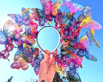 Rainbow Butterfly Crown – Pride Festival Halo Crown – Colorful Rave Headpiece