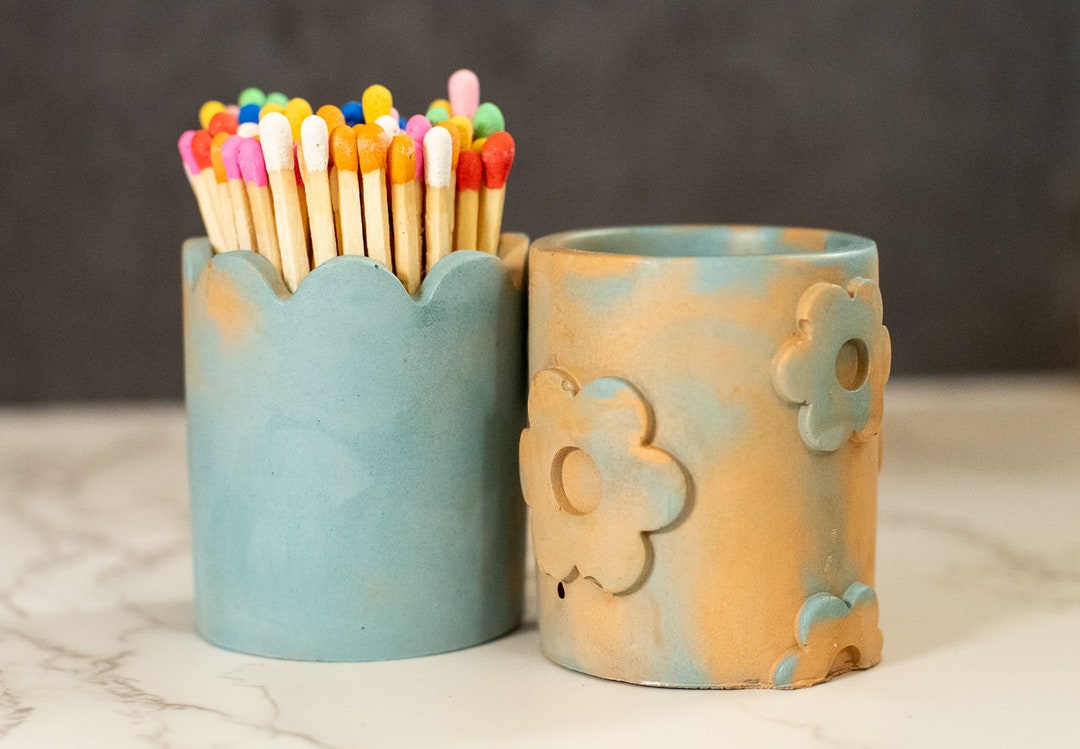 Custom Concrete Candle With Multicolor Matches and Striker on the Bottom Colorful Flower Power