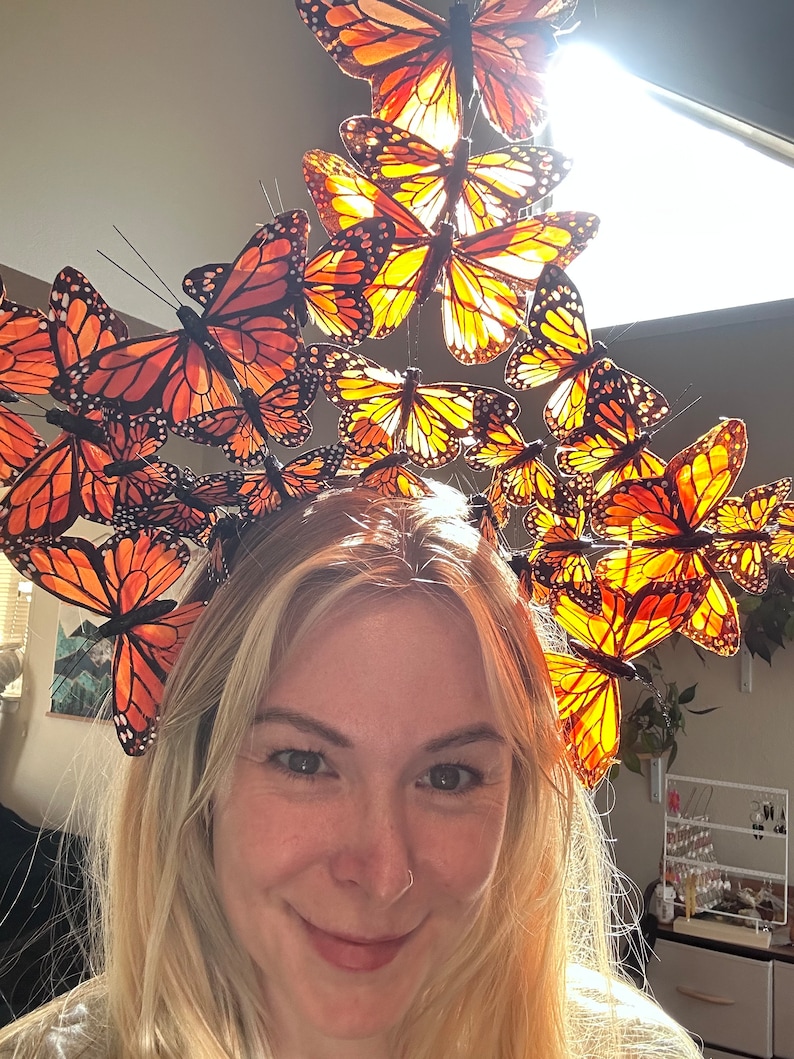 Large orange monarch butterfly crown