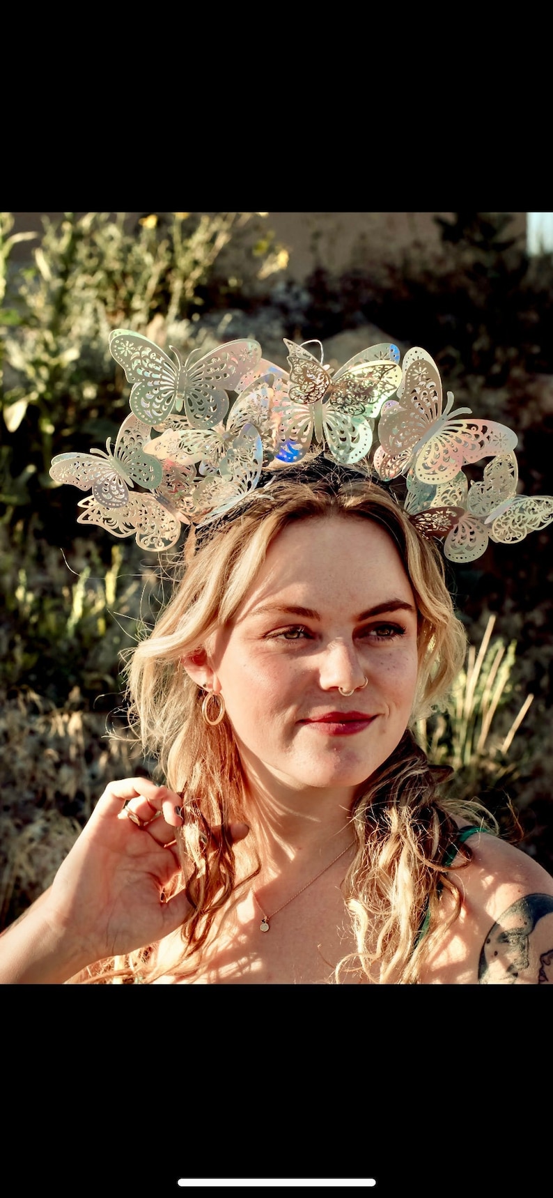 Holographic Butterfly Headpiece Fairy Cottagecore Headband Renaissance Faire Crown Surrealist Festival Crown image 7