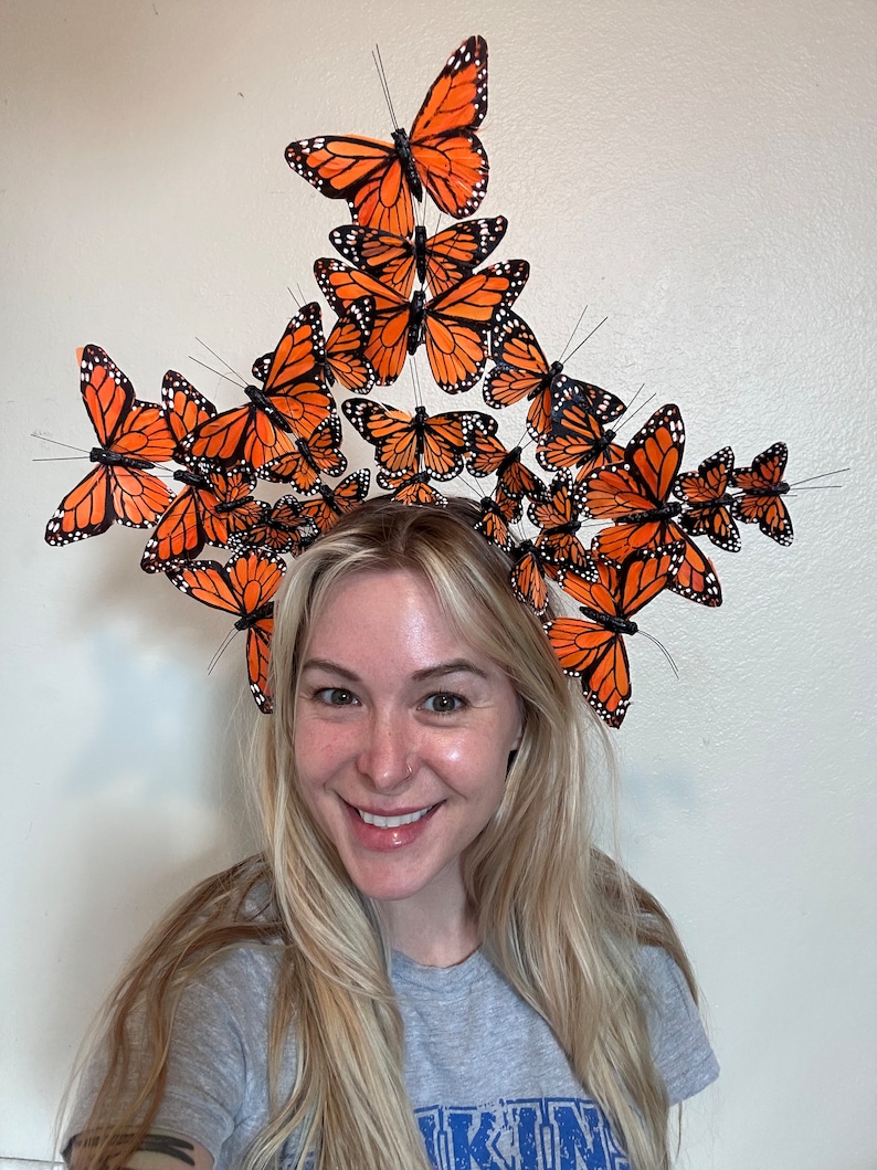 Large orange monarch butterfly crown