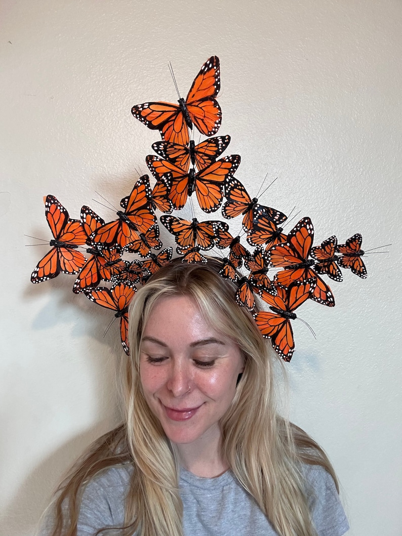 Large orange monarch butterfly crown