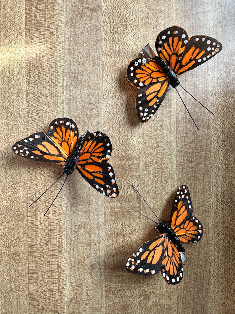 Peut inclure: Trois pinces &agrave; cheveux en forme de papillon avec des ailes orange et noires orn&eacute;es de points blancs. Chaque pince poss&egrave;de un corps noir et deux longues antennes fines et noires. Les ailes pr&eacute;sentent un motif d&eacute;taill&eacute; de sections orange.